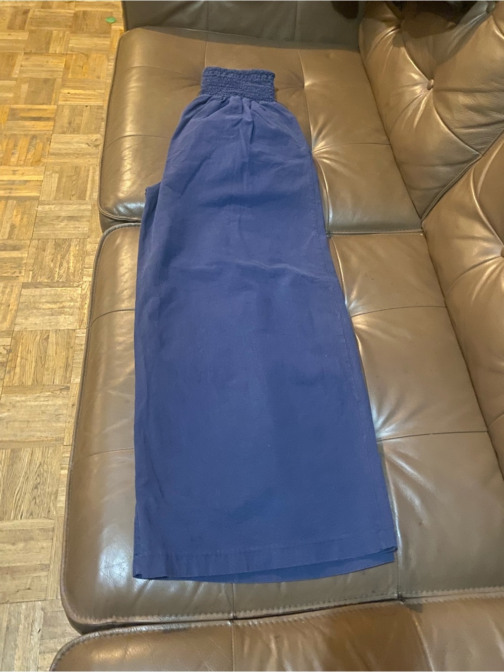 High-Rise Wide Leg Pants with Smocked Waist in Navy